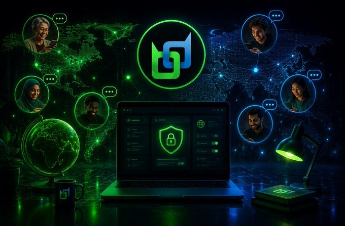A laptop displaying a Beldex security dashboard sits at the center of a glowing green and blue world map, surrounded by diverse users in chat bubbles symbolizing global communication, with Beldex branding on a mug and notebook—visually reinforcing the post's emphasis on Beldex Browser's expanding multilingual accessibility as a crucial, often-overlooked step toward making privacy tools usable for everyday people worldwide.