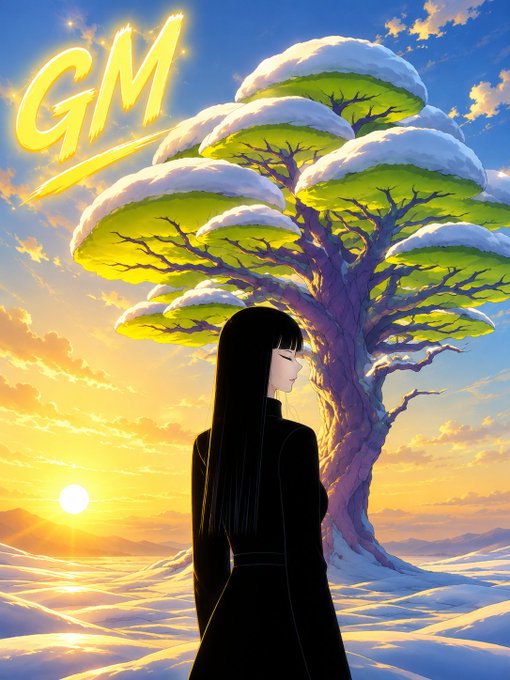 An anime-style artwork features the text "GM" in yellow, showing a black-haired woman standing before a large, snow-capped tree at sunset with "DefiLlama" faintly visible.