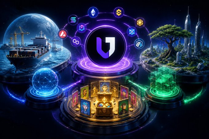 A vibrant digital artwork showing a central purple 'U' logo surrounded by various cryptocurrency symbols and connected to floating scenes depicting trade, nature/cities, gaming/NFTs, and digital networks.