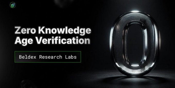 A dark promotional graphic featuring a metallic '0' with the text 'Zero Knowledge Age Verification' and 'Beldex Research Labs' in a green-bordered box.