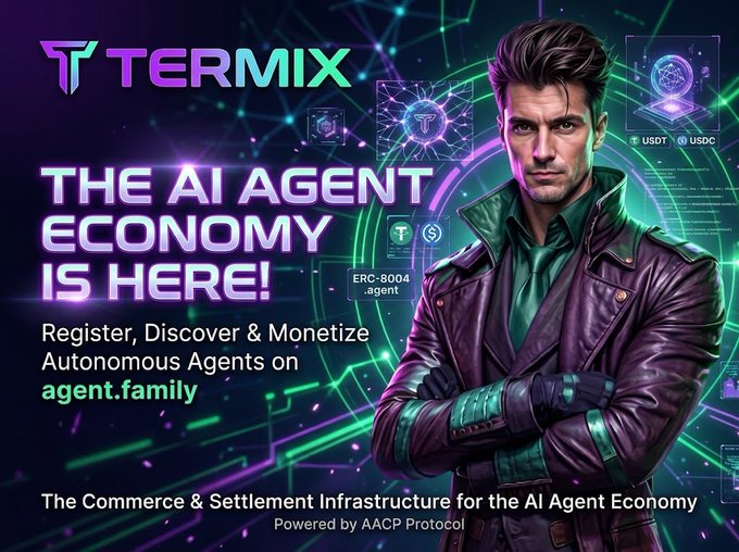 A promotional graphic for 'TERMIX' advertising 'The AI Agent Economy Is Here!' with text 'Register, Discover & Monetize Autonomous Agents on agent.family' and 'The Commerce & Settlement Infrastructure for the AI Agent Economy, Powered by AACP Protocol,' alongside USDT/USDC references.