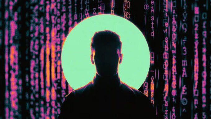 A silhouette of a person stands before a glowing green circle, set against a background of falling pink and blue digital code and characters.