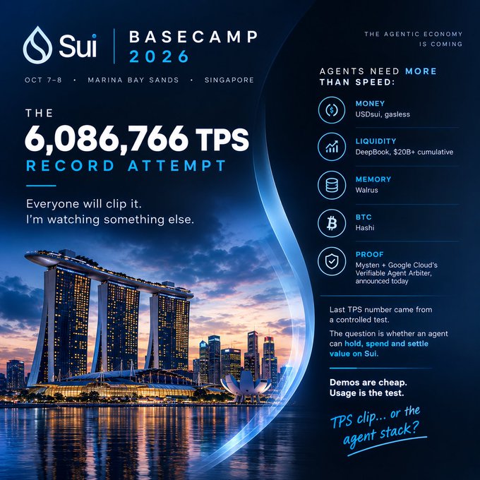 Promotional graphic for Sui Basecamp 2026 (Oct 7-8, Marina Bay Sands, Singapore) featuring Marina Bay Sands, announcing a "6,086,766 TPS Record Attempt" and outlining the agent stack beyond speed: Money (USDsui, gasless), Liquidity (DeepBook, $20B+ cumulative), Memory (Walrus), BTC (Hashi), and Proof (Mysten + Google Cloud's Verifiable Agent), under the tagline "The Agentic Economy Is Coming."