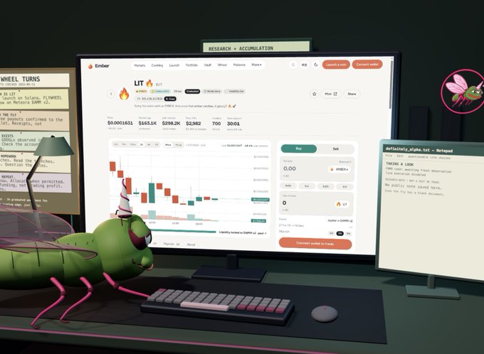 A digital illustration of a green mantis-like character at a desk analyzing the LIT (Lit) cryptocurrency on the Ember trading platform, with a notepad and terminal window showing trading decisions for '$refinitiv_alpha_bot'.