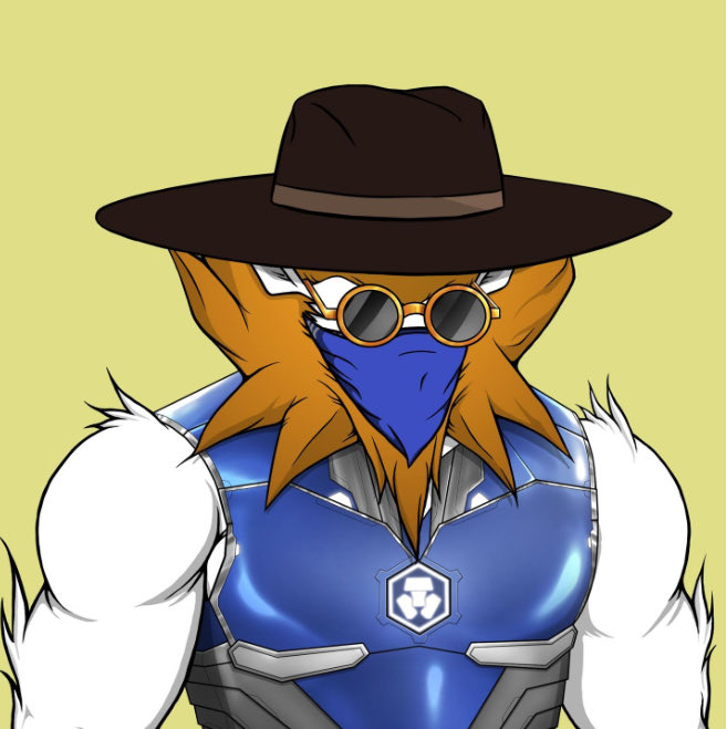 A digital illustration of an anthropomorphic fox character wearing a dark brown wide-brimmed hat, round sunglasses, a blue bandana, and blue futuristic armor with white fur accents.