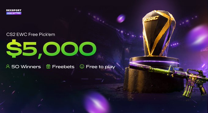 A promotional advertisement for 'DEXSPORT WEB3 BETTING' featuring a CS2 EWC Free Pick'em contest with a $5,000 prize pool, 50 winners, and freebets, displayed alongside a golden trophy and a colorful assault rifle.