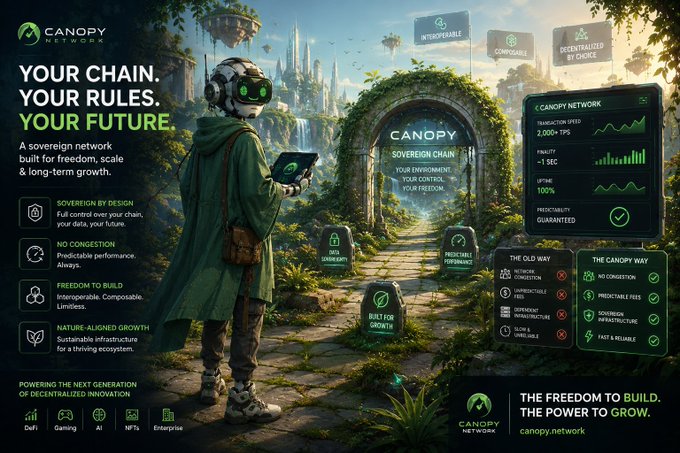 The image is a promotional graphic for **Canopy Network** featuring a futuristic character in a VR headset standing before a stone archway leading to a glowing city, alongside dashboard panels highlighting features like "Sovereign Chain," "No Congestion," "Freedom to Build," and "Nature-Aligned Growth," with a comparison table titled "The Old Way vs. The Canopy Way" emphasizing predictable fees and decentralized infrastructure.