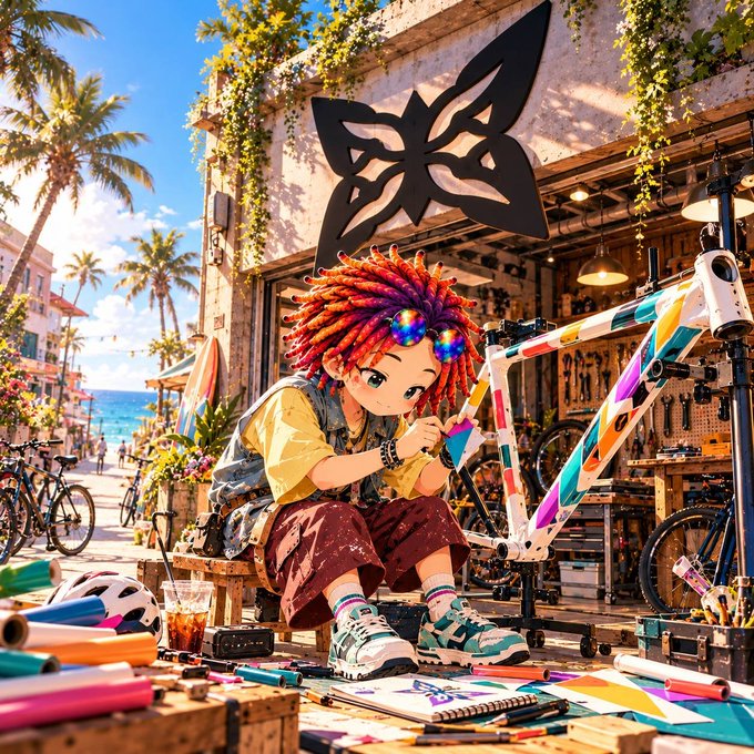 An AI-generated anime-style illustration of a character with colorful dreadlocks working on a bicycle frame outside a shop.