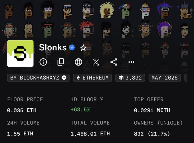 Screenshot of the Slonks NFT collection on OpenSea, showing a floor price of 0.035 ETH, 24-hour volume of 1.55 ETH, and a total volume of 1,498.01 ETH (just shy of the 1500 ETH milestone referenced in the post).