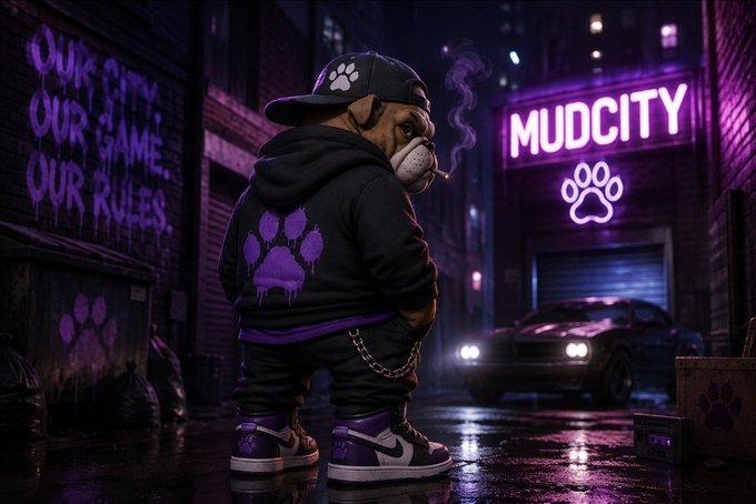 A digital artwork of an anthropomorphic bulldog character in a black and purple hoodie and Air Jordans, smoking a cigarette in an alley with 'MUDCITY' and 'OUR CITY, OUR GAME, OUR RULES' graffiti.