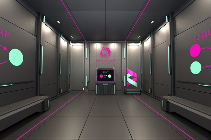 A futuristic, neon-lit hallway with magenta accents leads to a terminal displaying 'LIQUIDWAR' branding with pink and cyan graphics.