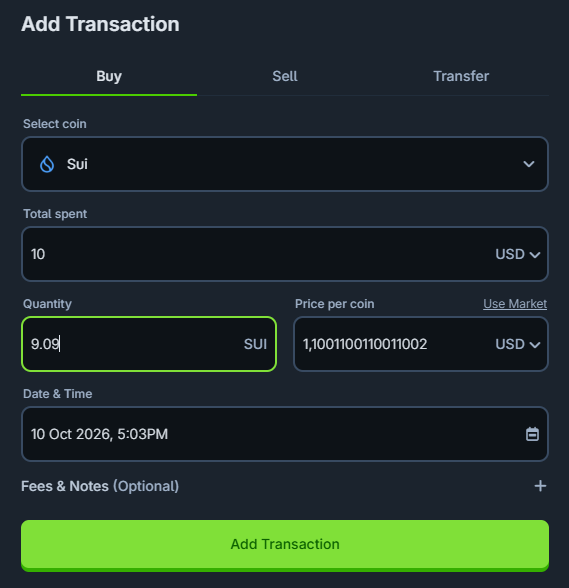 An "Add Transaction" screen showing a purchase of Sui cryptocurrency with 10 USD spent, quantity of 9.09 SUI at a price of 1,100,110,011,001,110 USD per coin, dated 10 Oct 2026.