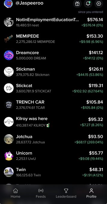 The image shows a public FOMO wallet (Jaspeeroo) on a trading/leaderboard app displaying portfolio holdings of memecoins, with the top position being "NotInEmploymentEducationT..." valued at $576.14 (19,480.51 neet), followed by other tokens like MEMIPEDE ($153.30), Dreamcore ($141.12), and Stickman ($126.11), all showing gains except for Jotchua which dropped $58.17 (-269.04%). This aligns with the post's claim that the "public fomo wallet looks good," as nearly every holding displays positive returns in green.