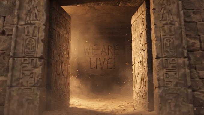 An ancient stone doorway with hieroglyphic carvings on either side, opening into a dusty interior where the words 'WE ARE LIVE!' are scrawled on the back wall.