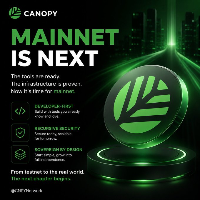 An announcement image from @CNPYNetwork announcing that the "MAINNET IS NEXT," highlighting their developer-first approach, recursive security, and sovereign design as they transition from testnet to the real world.