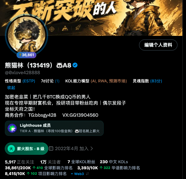 A Chinese social media profile page (appears to be KOL or crypto influencer) for user '熊猫林' (@xlove428888) with Chinese text including '不断突破的人', '加密老韭菜', and '坐标天府之国', showing follower stats and contact info (TG:bbsgy428, VX:GG13904560).