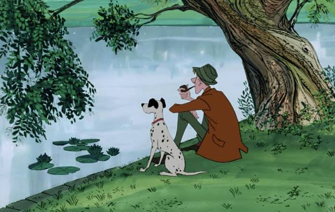 An animated illustration of a man in a brown coat and green hat smoking a pipe while sitting with his Dalmatian dog by a tranquil pond under a willow tree.
