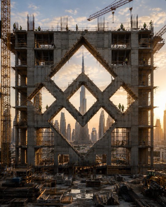 The image shows an unfinished building under construction with workers standing around it. A large diamond-shaped structure made of concrete blocks dominates the scene, surrounded by scaffolding. The perspective of the photo emphasizes the scale and complexity of the project as well as the dedication of the workers involved in its completion.