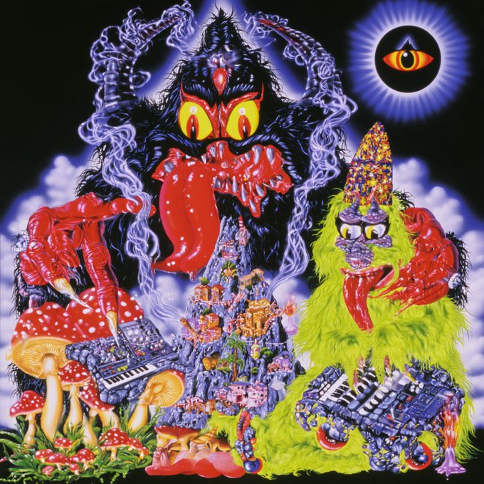 A psychedelic illustration showing monstrous characters, including a black creature with large red eyes and a yellow furry figure, amidst a landscape of mushrooms, circuit boards, and a floating eye.