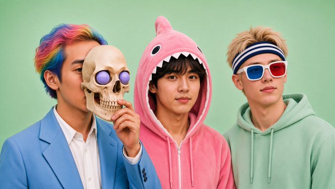 Three young men in colorful outfits against a green background; one with rainbow hair holds a skull, one wears a pink shark hoodie, and one wears 3D glasses with a green hoodie.