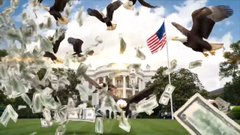 A surreal composite image showing the White House in the background with flying birds, falling money, an American flag, and dollar bills scattered throughout the scene.