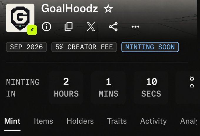 A countdown screen for an NFT mint titled "GoalHoodz" with a 5% creator fee, showing "2 HOURS 1 MINS 10 SECS" until minting begins.