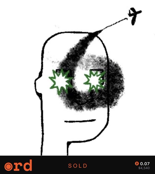 A surreal digital artwork showing a minimalist face with fuzzy dark eyes containing green starbursts and an airplane trail coming from its head, with text reading 'ord', 'SOLD', '0.07', and '$4,540'.