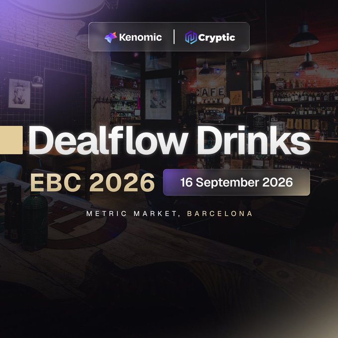 Promotional graphic for "Dealflow Drinks" co-hosted by Kenomic and Cryptic at EBC 2026 on 16 September 2026 in Barcelona, set against a bar/cafe backdrop. The post highlights the networking event taking place during the Ethereum Blockchain Conference, matching the event details shown in the image.