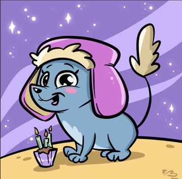 A cartoon illustration depicts a blue puppy wearing a pink hood with small wings, sitting on a yellow surface next to a birthday cupcake with three lit candles under a starry purple sky.