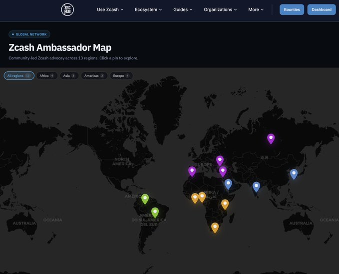 The image shows a map of the world with various countries highlighted, including Africa and Europe. The text above the map reads "Zcash Ambassador Map" and "Zcash Ambassador Map - Use Zcash Ambassadors Map". This suggests that there is an online platform or resource available for users to learn more about using Zcash as an alternative currency or to connect with other Zcash enthusiasts from around the world.
