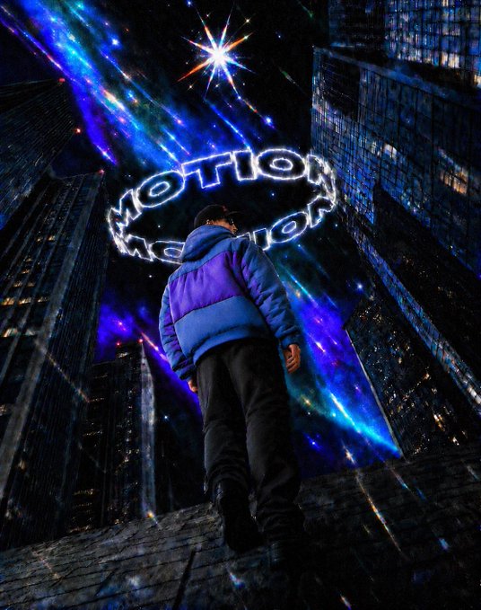 A person in a blue puffer jacket stands at the edge of a futuristic cityscape beneath a glowing chain-link ring inscribed with "MOTION," with a cosmic galaxy unfolding behind them—visually embodying the idea that a body (and the universe) in motion remains in motion.