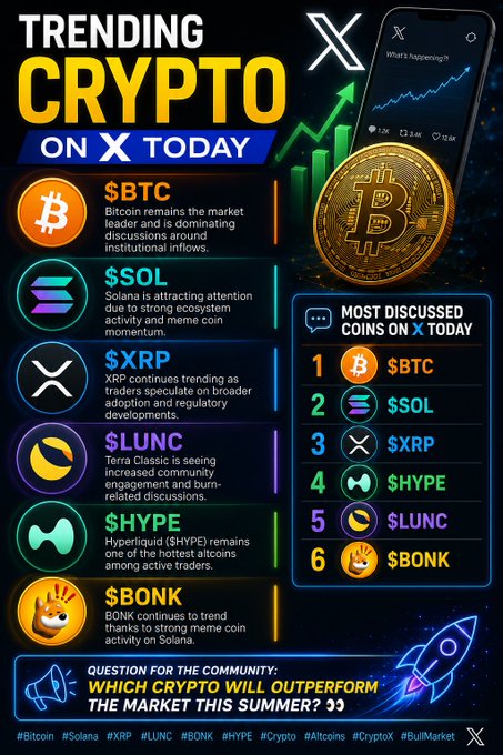 The image shows a poster with various cryptocurrency icons, including Bitcoin, Solana, XRP, LUNC, BONK, HYPE, and Cryptocurrency XRP. The poster also includes a question asking which crypto will outperform the market this summer.
