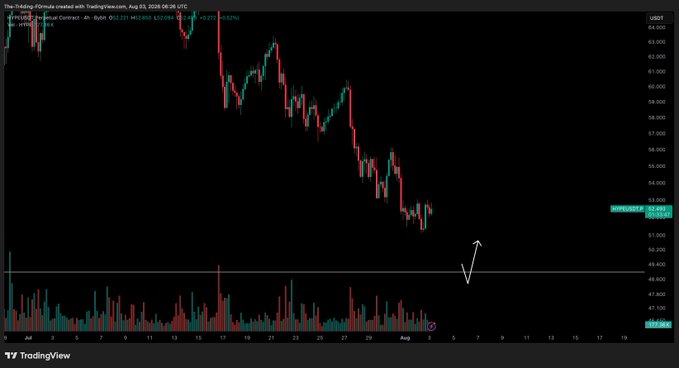 A TradingView chart of the HYPE/USD perpetual contract on Bybit (4-hour timeframe) shows a clear downtrend from ~$64 down to ~$51, with an arrow pointing toward the $49.00 support zone — matching the analyst's expectation of a dip into that untested order block area where resting liquidity sits.