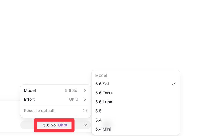 The image shows a settings menu where the model "5.6 Sol Ultra" is selected (highlighted in red), with a dropdown displaying options like 5.6 Sol, 5.6 Terra, 5.6 Luna, 5.5, 5.4, and 5.4 Mini. This visually reflects the post's mention of activating "5.6 Sol on Ultra" to start pedaling.
