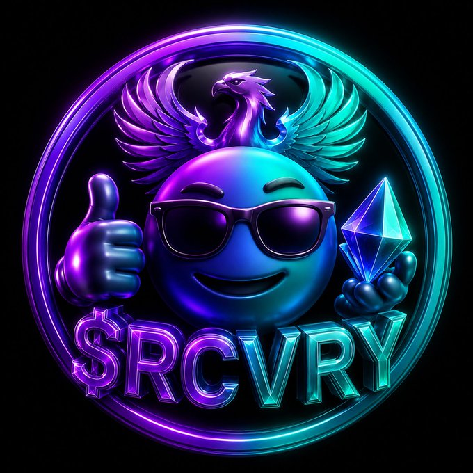 A neon purple and cyan 3D emblem features a cool sunglasses-wearing smiley face giving a thumbs-up while holding an Ethereum crystal, topped with a phoenix and the text "$RCVRY" — visually representing the Recovery coin (RCVRY) community promoted in the post.