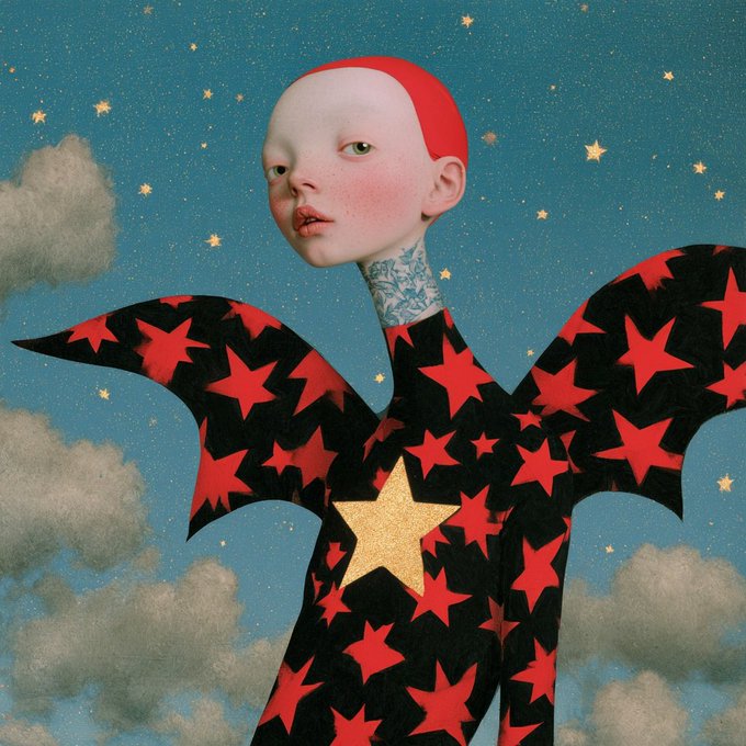 A surreal digital artwork featuring a pale figure with red hair and a neck tattoo, wearing a black outfit patterned with red stars and a gold star on the chest, set against a blue sky with stars and clouds.