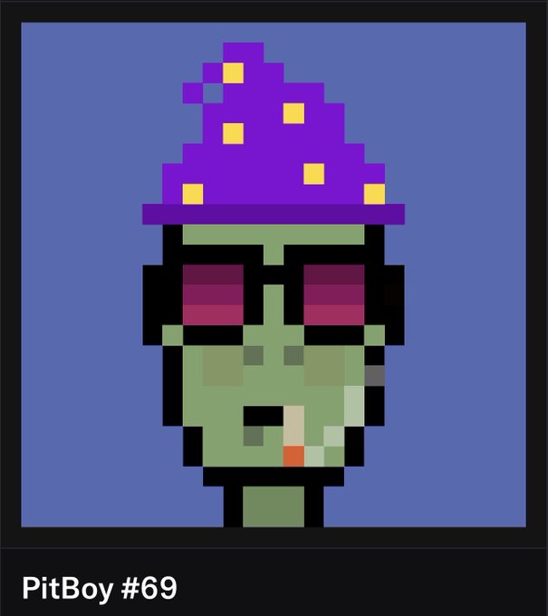 A pixel art avatar of a green-skinned zombie character with pink square glasses and a purple party hat speckled with yellow stars is shown against a blue background, labeled "PitBoy #69".