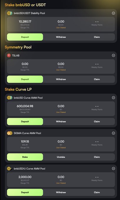 Screenshot of a cryptocurrency staking interface showing pools like "bnbUSD/USDT Stability Pool," "Symmetry Pool" (TSLAB), and various Curve LP pools with Deposit/Withdraw/Claim buttons.