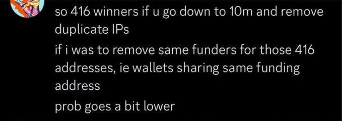 A message discussing airdrop statistics, noting 'so 416 winners if u go down to 10m and remove duplicate IPs' and speculating the number would be lower if shared funding addresses were also removed.