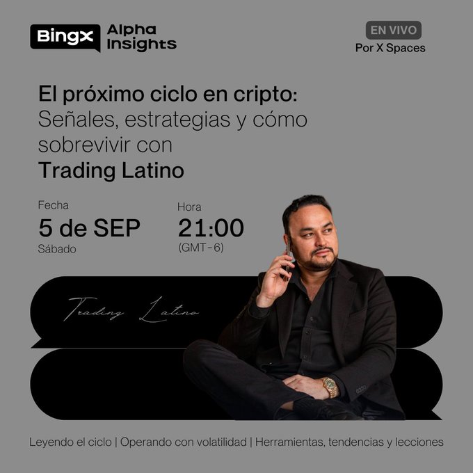 A promotional poster for 'Bingx Alpha Insights' advertising a Spanish-language event titled 'El próximo ciclo en cripto: Señales, estrategias y cómo sobrevivir con Trading Latino' scheduled for '5 de SEP 21:00 (GMT-6)' on X Spaces.