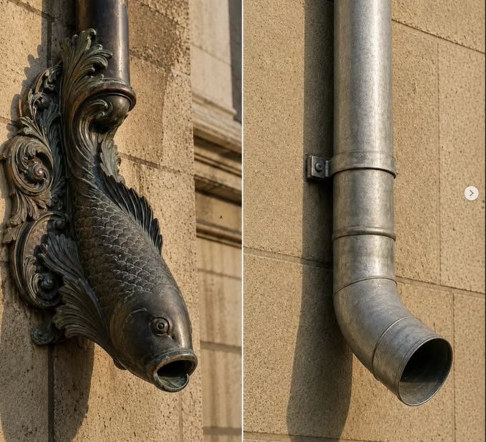 A side-by-side comparison of an ornate bronze fish-shaped drainpipe and its plain metal counterpart on a sandstone wall.