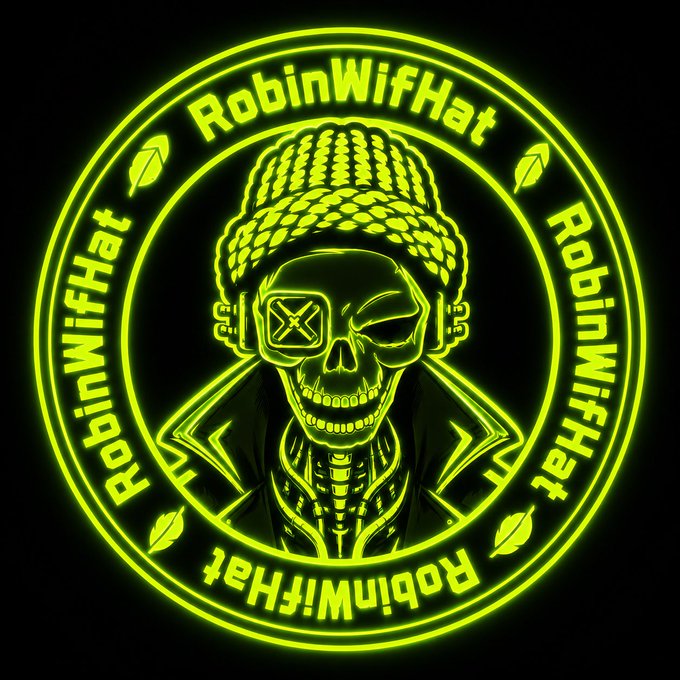 A neon green and yellow circular emblem features a skull wearing a beanie and an eye patch, with the text 'RobinWifHat' repeated around the border and leaf decorations.