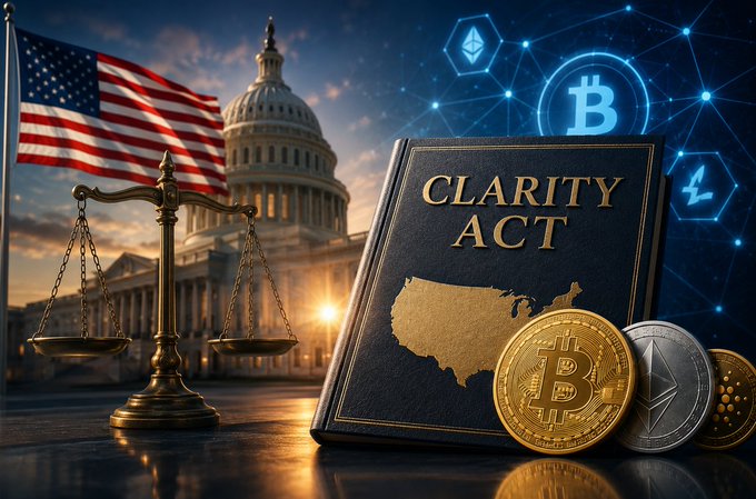 A digital graphic displays a book titled "CLARITY ACT" over a map of the United States, with a US flag, Capitol building, and coins representing Bitcoin, Litecoin, and Ethereum in the background.