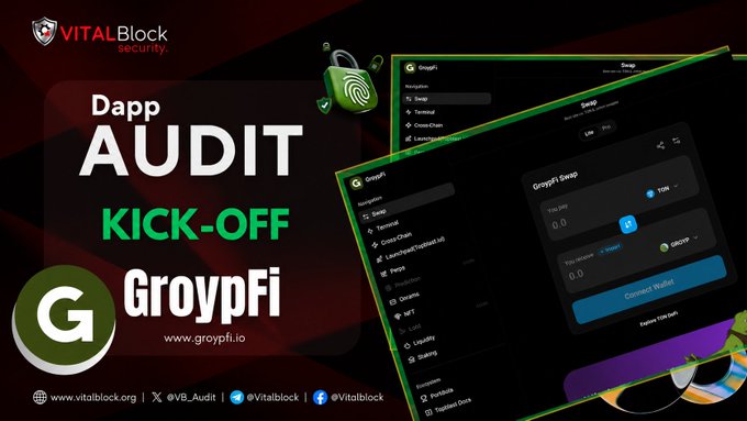 The image features an announcement about a DApp, which has been officially launched for testing and analysis on the @groypfi network. It appears that the DApp is related to Auditing and is being developed by @vb_audit and others at @groypfi. The post includes details such as an "@ton_blockchain" connection, a "#DApp Security Audit Onboarding Announcement", and a "Focus on what is in the image". This suggests that this is likely an educational or promotional activity regarding the DApp's security and development process.