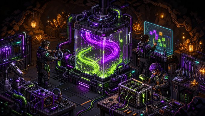 A cyberpunk-style digital illustration of scientists working around a glowing green and purple containment tank in an underground laboratory filled with monitors, crystals, and sci-fi equipment.
