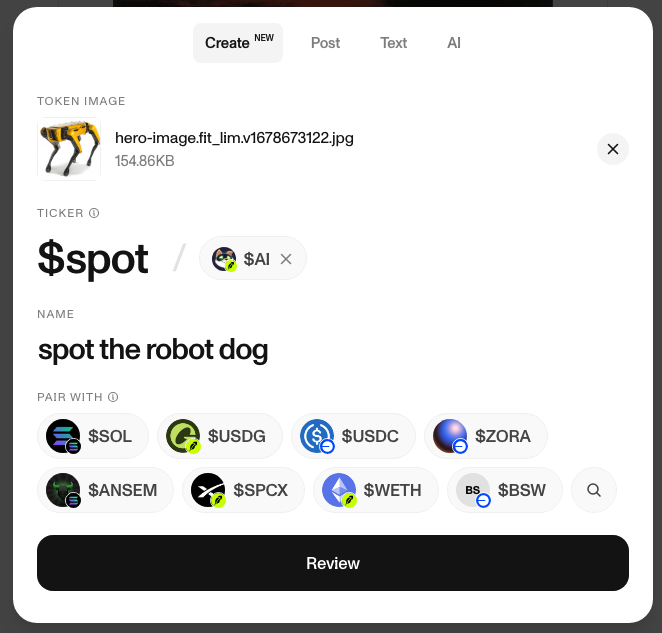 The image shows a token creation interface with the ticker "$spot" named "spot the robot dog," featuring a robotic dog token image and pairing options including $SOL, $USDG, $USDC, $ZORA, $ANSEM, $SPCX, $WETH, and $BSW. This relates to the post highlighting Zora's growing role in token deployment, as $ZORA is listed among the available pair options for this newly created token.