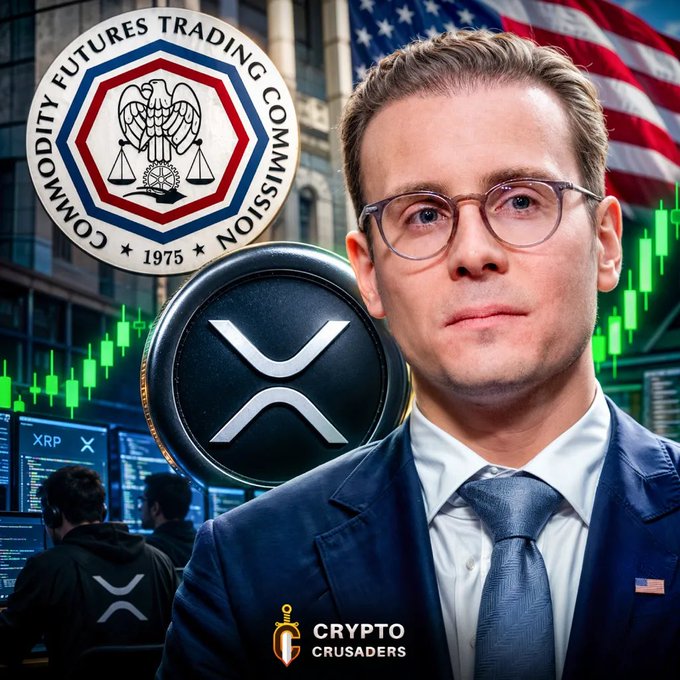 A promotional image for 'CRYPTO CRUSADERS' features a man in glasses and a suit next to a large XRP coin, the CFTC (Commodity Futures Trading Commission) seal, and an American flag background with green stock charts.