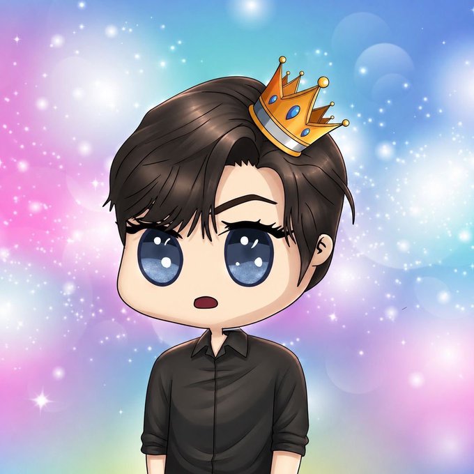 A chibi-style cartoon character with large blue eyes, brown hair, and a golden crown wears a black shirt against a sparkly pastel rainbow background, fitting the "Milady inspired but OG art" NFT collection announcement.