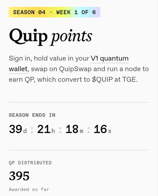 A mobile app screenshot showing 'Quip points' Season 04 Week 1 of 6, with a countdown timer of 39 days 21 hours 18 minutes 16 seconds and 395 QP distributed.