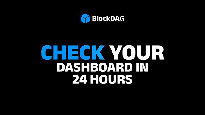 A black promotional graphic for BlockDAG featuring the brand's blue cube logo at the top with the bold text "CHECK YOUR DASHBOARD IN 24 HOURS" centered below, reinforcing the announcement of a complete sales blackout and directing users to watch Keynote 6 before returning to their dashboard.